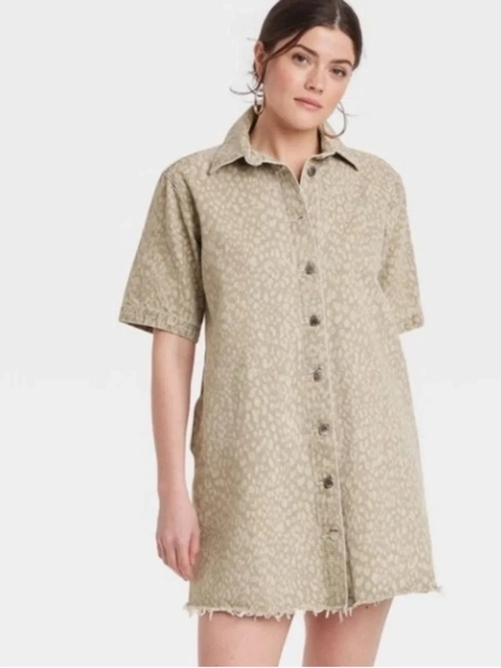 Universal Thread Button-Front Mini‎ Denim Shirt Dress in a Faded Olive Color - L